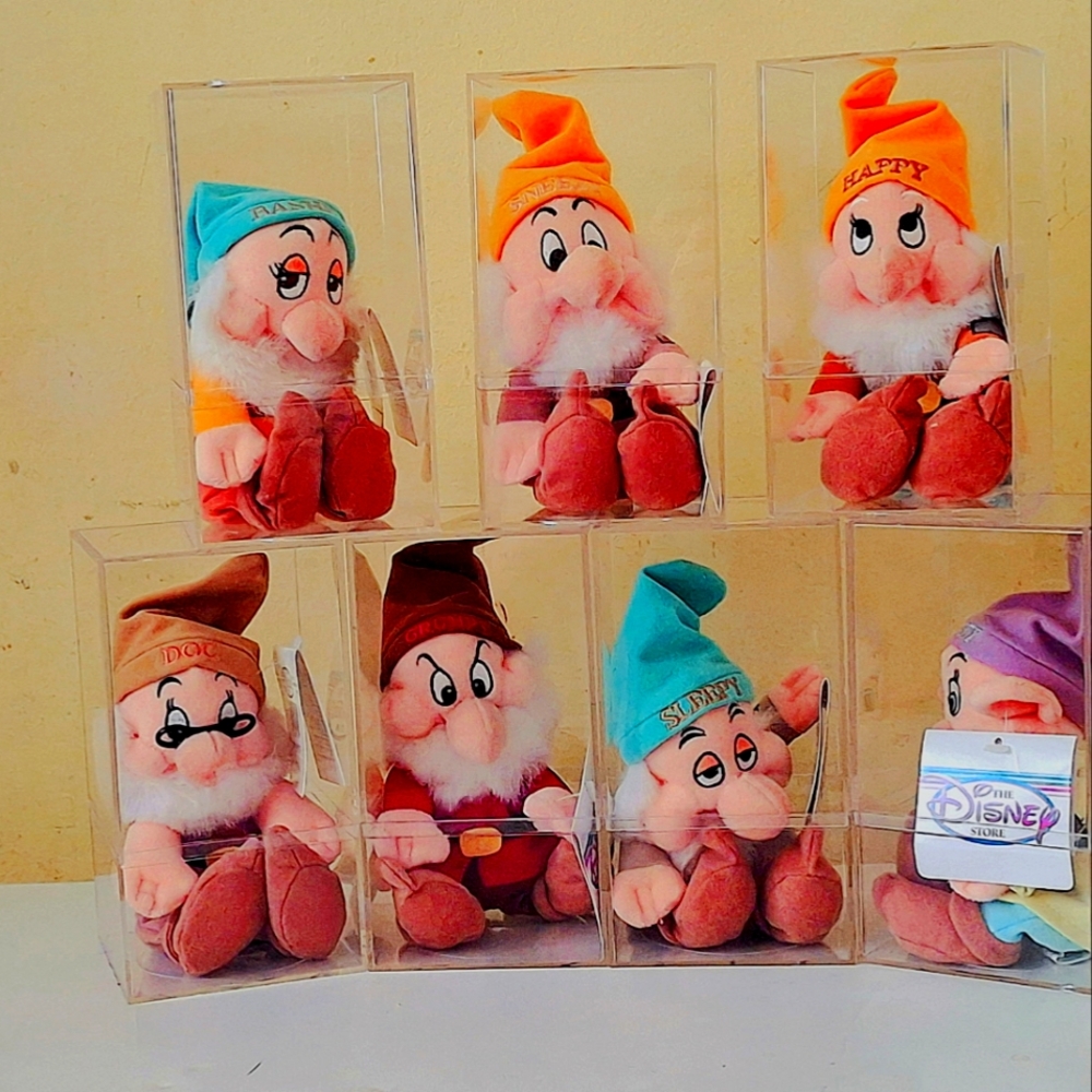 Disney Plush Characters, The Seven Dwarves, New with Tags and Display Cases